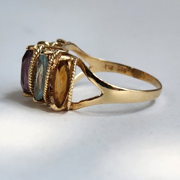 VTG "PJT 14K 585" 14k Yellow Gold Garnet Peridot Topaz & Amethyst Ring Sz 7 - Picture 2 of 10